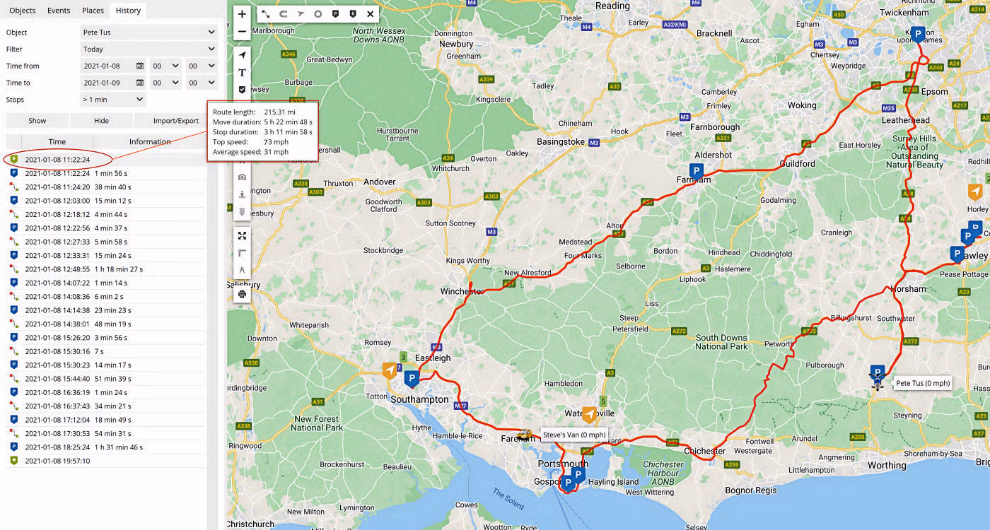 This shows a simple Tracker mileage report